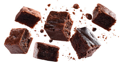 Chocolate brownie pieces floating in mid-air, dessert concept, isolated on transparent 