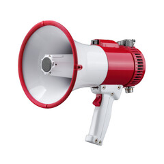 Naklejka premium Red and white megaphone with a textured handle isolated on transparent background