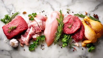 A colorful selection of fresh meats like beef, pork, and chicken arranged on a marble countertop with fresh herbs and spices