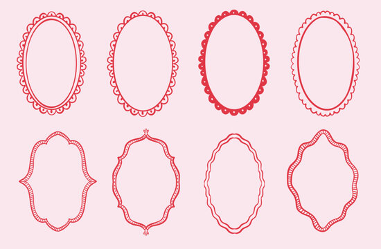 Whimsical coquette frame for greeting cards, wedding, birthday, party, picnic invitations in cute quirky style. Hand drawn scribble wavy scalloped edge border illustration set.