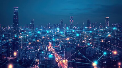 Futuristic cityscape illuminated with interconnected digital network lines