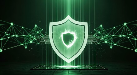 shield glowing with neon glow with flashes behind green color