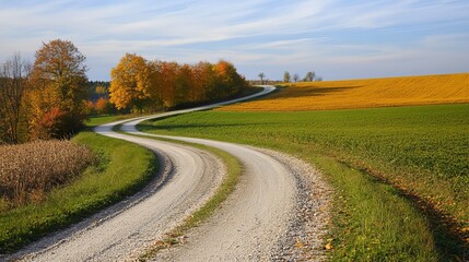 Naklejka premium A winding gravel road curves through vibrant autumnal fields, showcasing a picturesque landscape of golden and green hues under a clear sky