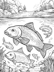 Detailed Illustration of Fish Swimming in Freshwater Environment