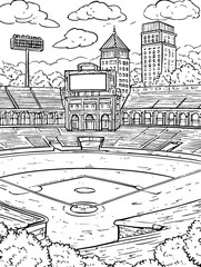 Detailed Black and White Illustration of a Baseball Stadium Scene