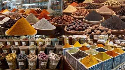 Colorful spices and herbs displayed for sale in a market setting