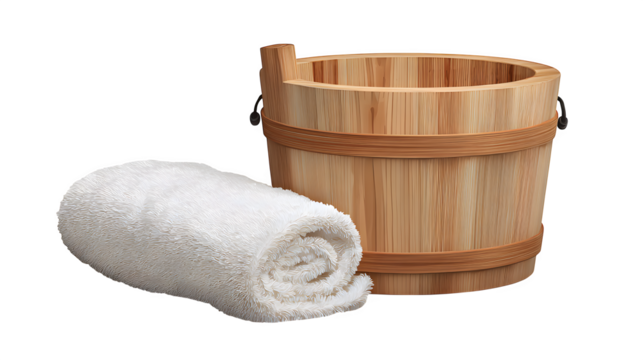 Sauna bucket and rolled towel, isolated on transparent background
