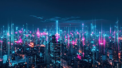 Fototapeta premium Neon Metropolis: A futuristic cityscape illuminated with vibrant technology beams