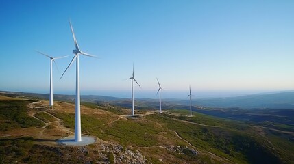 Aerial view of wind turbines on a hilltop, overlooking a vast landscape under a clear blue sky.  Clean energy, sustainable power, renewable resources