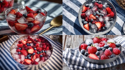 and keyword list based on the image you provided

 Berries chilled with ice in bowls on various striped cloths