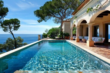 Obraz premium Luxurious villa with infinity pool overlooking the mediterranean sea on a sunny day