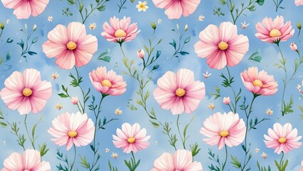 Seamless watercolor pattern of pink cosmos flowers and soft greenery, light blue background