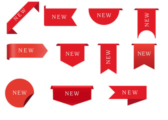 New tags and stickers set. Red colour new promotion label isolated for advertising. Transparent background.