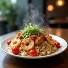 A steaming plate of pasta topped with crispy chicken bites, juicy shrimp, and vibrant cherry tomatoes, garnished with fresh green herbs, served in a cozy, warmly lit restaurant setting.
