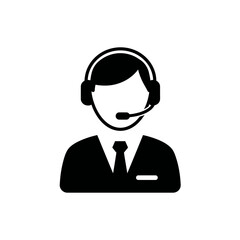 Simple black and white icon depicting a person wearing a headset, ready to assist.