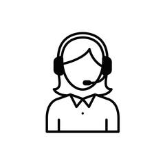A simple line drawing of a female customer service representative wearing a headset.