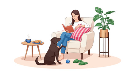 A woman reads a book in a chair with a dog, coffee, and plant in the room scene