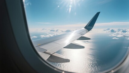 Stunning Aerial View from Airplane Window Ocean, Clouds, and Sunlight