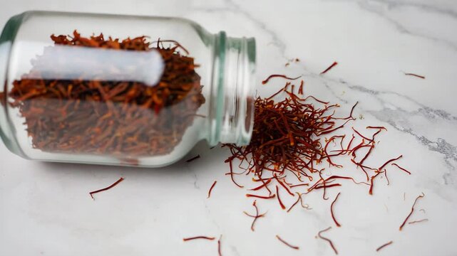 Close-up video of saffron threads in a clear jar, highlighting their rich color, aroma, and gourmet appeal. Perfect for cuisine, recipes, flavor, and high-end culinary or cooking ingredient concepts.