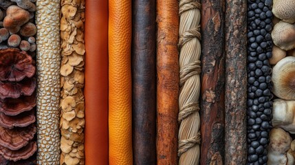Mushroom leather reclaimed timber earthen pigments and woven plant fibers nature background