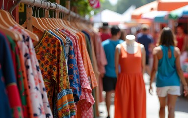 Vivid apparel displays at a vibrant market during a summer festival celebration. High quality