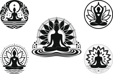 Meditation Silhouettes, Yoga Meditation Poses, yoga lotus position, Inner Peace, Mindfulness Vector Art, Yoga Meditation Poses with Lotus Flower Icons, Yoga and Spirituality.