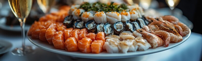 Many shrimps and shrimps on a plate with champagne elegant seafood food background banner