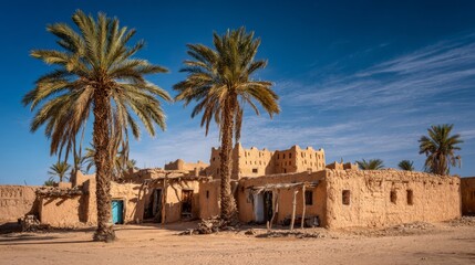 A desert village with mud-brick houses and palm trees under a clear blue sky.