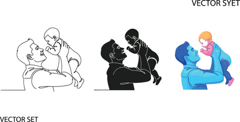 Three illustrations of a father holding his baby in different vector styles