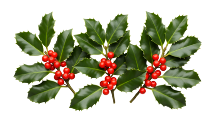 Holly Berries & Leaves:  Green Sprigs with Red Berries on Transparent Background