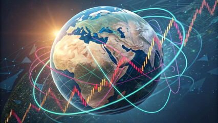 A digital globe showing Africa, Europe, and Asia with financial graphs and glowing data lines orbiting, symbolizing global finance and technology connectivity.