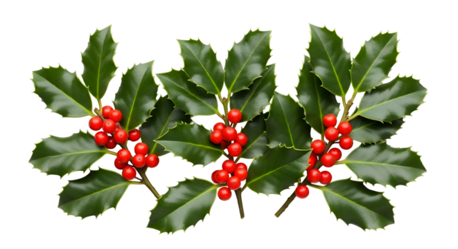 Holly Berries & Leaves:  Green Sprigs with Red Berries on Transparent Background