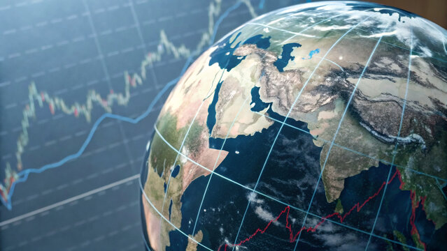 A globe highlighting continents with transparent grid lines and financial charts in the background, symbolizing global economics and market trends. - Powered by Adobe