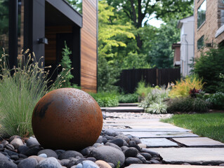 Modern garden features rusted metal sphere as focal point, surrounded by smooth pebbles and lush greenery. stone pathway leads through landscaped area, creating serene outdoor space