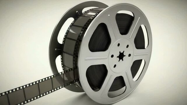 Silver film reel with strip of movie film, isolated