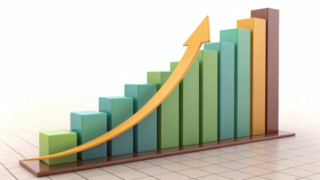 A 3D bar chart with ascending green and brown bars, featuring a rising yellow arrow indicating growth or increasing trend. - Powered by Adobe