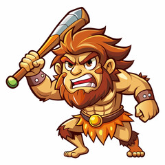 Angry caveman cartoon character swinging club on white background 