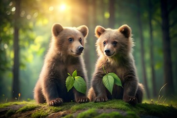 Obraz premium Two Adorable Bear Cubs Sitting on Mossy Ground in a Sunny Forest