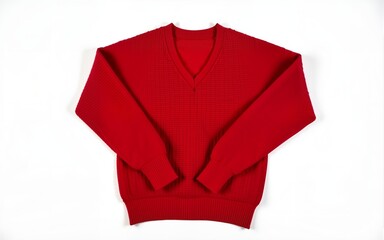Red knitted sweater on white background. Flat lay style. Warm cozy winter garment. Fashionable fall attire. Simple design. Perfect for autumn. Great for clothing store fashion brand. Versatile piece