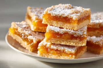 Baked dessert bars dusted with sugar on a plate. Blurred background, for recipes