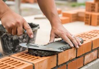 Construction worker applying mortar to bricks to build a wall outdoors