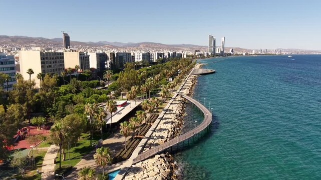 Aerial video of Limassol city coastline in Cyprus Island during summer