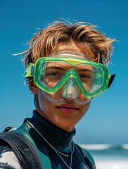 Un joven con gafas de buceo mira directamente a la cámara con una expresión serena, con el océano como telón de fondo.