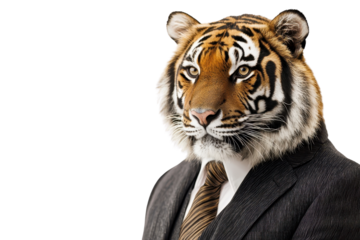 A tiger dressed in a sharp suit, isolate on white background, mixing elegance and wildness. PNG