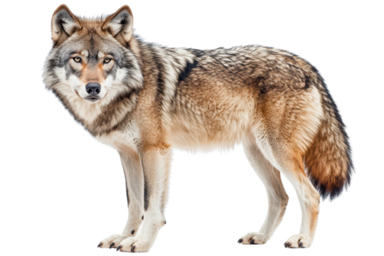 A majestic wolf standing confidently, isolate on white background, showcasing its wild beauty. PNG