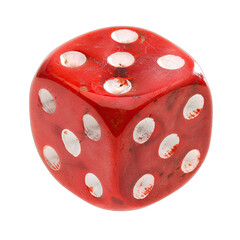 Close-up of a red die with white pips