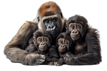 A loving family of gorillas, isolate on white background, symbolizing unity and affection. PNG