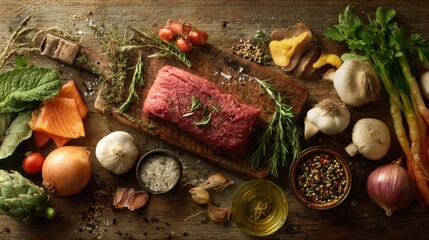 A farm-to-table concept image with fresh organic meats and natural ingredients.