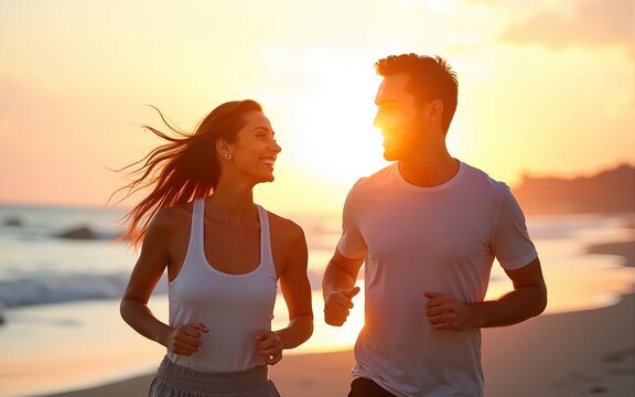 Smiling beautiful woman and her handsome boyfriend. Excited couple in casual clothes. Happy cheerful family. Female and man run at sunrise over sea beach outdoors. Run at seaside in summer day