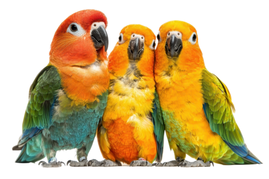 A family of parrots, isolate on white background, representing connection and unity. PNG